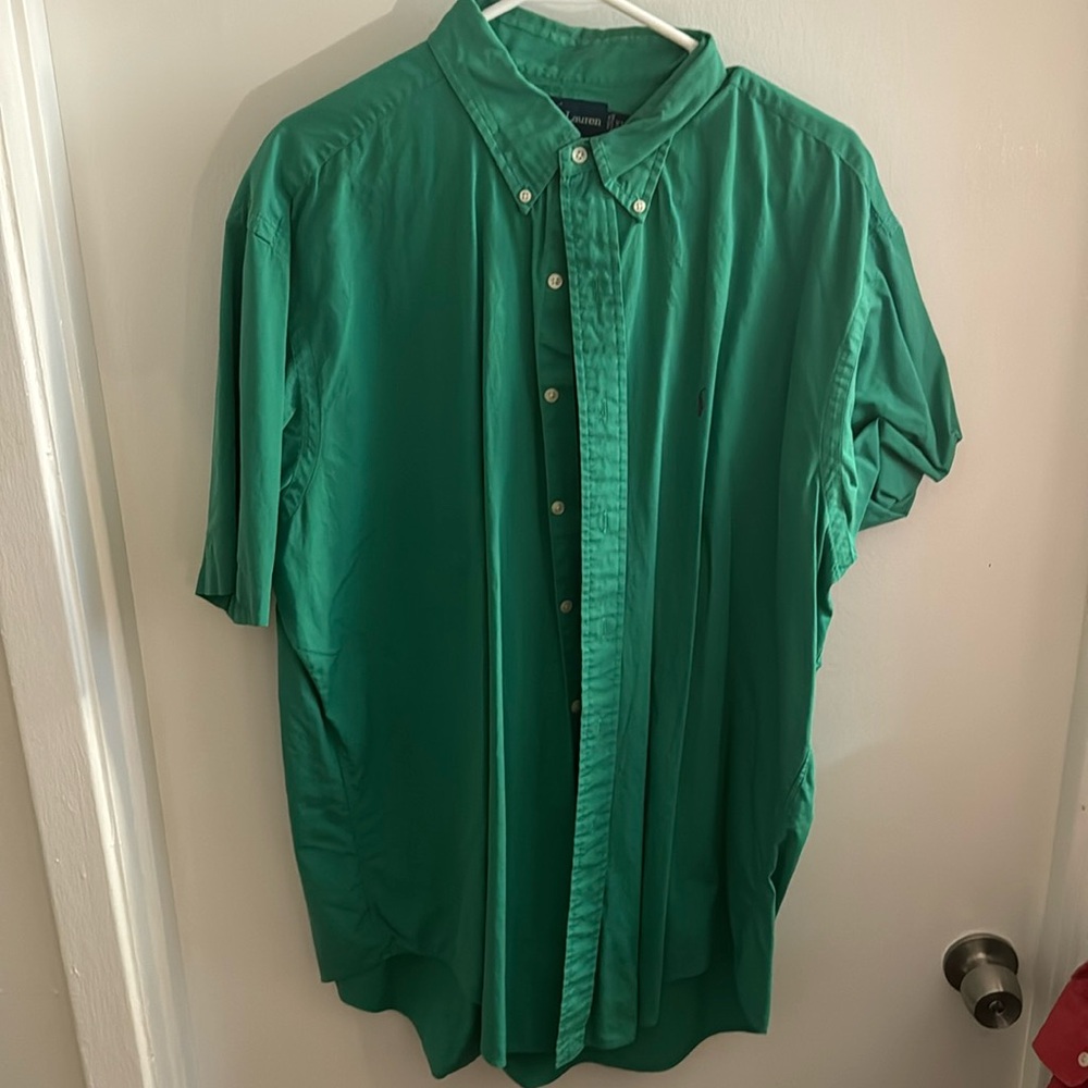 Polo Ralph Lauren - Green Button Down - Short Sleeve - Purple Emblem - Size XL